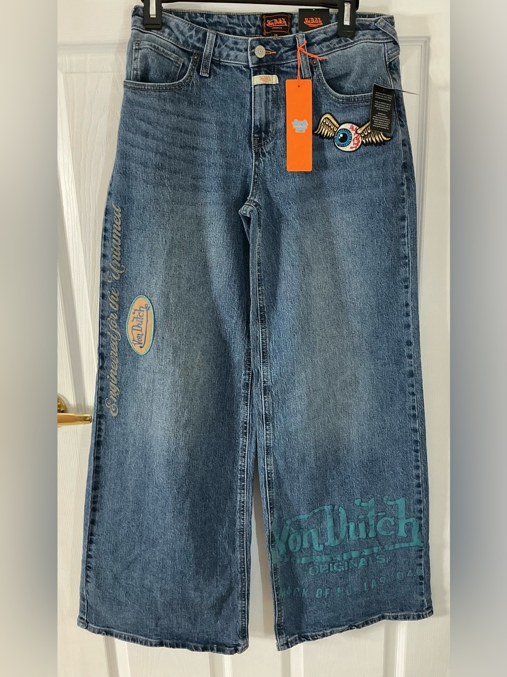 Von Dutch Originals Flying Eyeball Wide Leg Baggy Jeans Blue 28 NWT